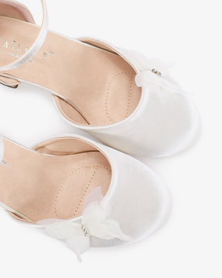 White Girls Satin Block Heel with Butterfly Kiss Embellishment