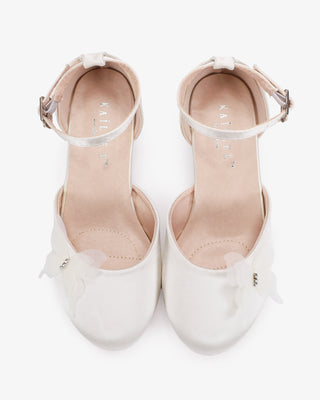 White Girls Satin Block Heel with Butterfly Kiss Embellishment