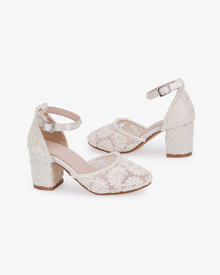 Ivory embroidered lace block heel girls shoes with Mini Pearls