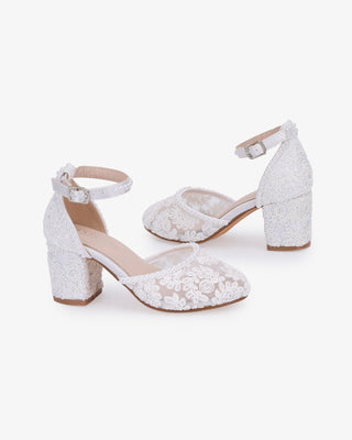 White embroidered lace block heel girls shoes with Mini Pearls