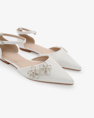 White Satin Pointy Toe Wedding Flats with Rhinestones Chassia Flower