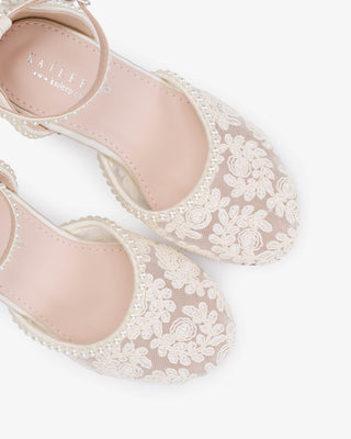 Ivory embroidered lace block heel girls shoes with Mini Pearls