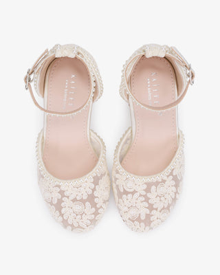 Ivory embroidered lace block heel girls shoes with Mini Pearls
