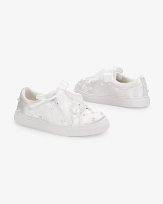 White Satin Wedding Platform Sneakers with Scattered Pearls
