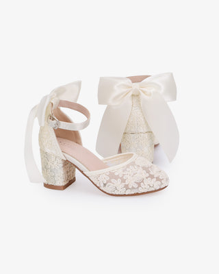 Ivory embroidered lace block heel girls shoes with Back Satin Bow
