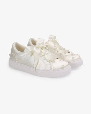Satin Wedding Platform Sneakers with Scattered Pearls