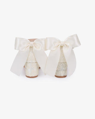Ivory embroidered lace block heel girls shoes with Back Satin Bow