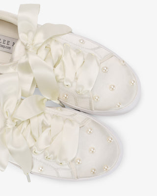 Ivory Satin Wedding Platform Sneakers with Scattered Pearls