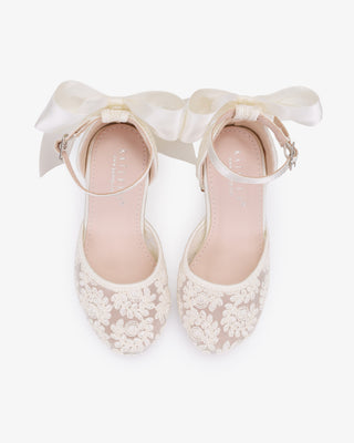 Ivory embroidered lace block heel girls shoes with Back Satin Bow