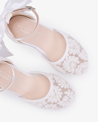 White embroidered lace block heel girls shoes with Back Satin Bow