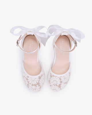 White embroidered lace block heel girls shoes with Back Satin Bow