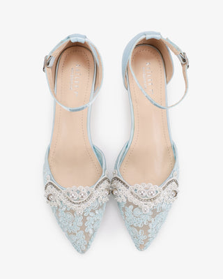 Light Blue Crochet Lace Pointy Toe Wedding Kitten Low Heel with Small Pearls Applique