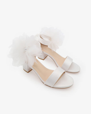White Satin Block Heel Wedding Sandals with Ophelia Flowers