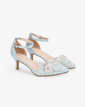 Crochet Lace Pointy Toe Wedding Kitten Low Heel with Small Pearls Applique