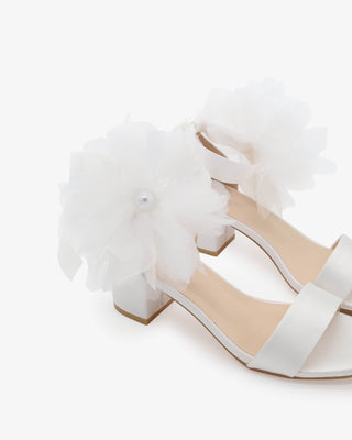 White Satin Block Heel Wedding Sandals with Ophelia Flowers