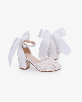 White embroidered lace block heel girls shoes with Back Satin Bow