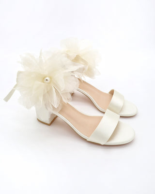 Satin Block Heel Wedding Sandals with Ophelia Flowers
