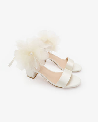 Ivory Satin Block Heel Wedding Sandals with Ophelia Flowers