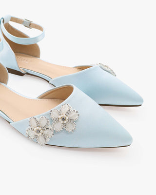 Light Blue Satin Pointy Toe Wedding Flats with Rhinestones Chassia Flower