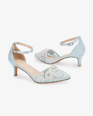 Light Blue Crochet Lace Pointy Toe Wedding Kitten Low Heel with Small Pearls Applique