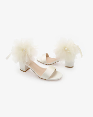 Ivory Satin Block Heel Wedding Sandals with Organza Ophelia Flowers