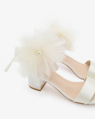 Ivory Satin Block Heel Wedding Sandals with Organza Ophelia Flowers
