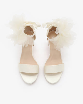 Ivory Satin Block Heel Wedding Sandals with Organza Ophelia Flowers