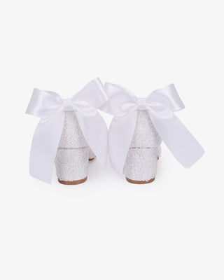 White embroidered lace block heel girls shoes with Back Satin Bow