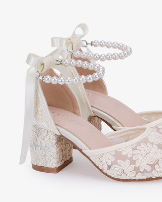Ivory embroidered lace block heel girls shoes with All Pearl Strap