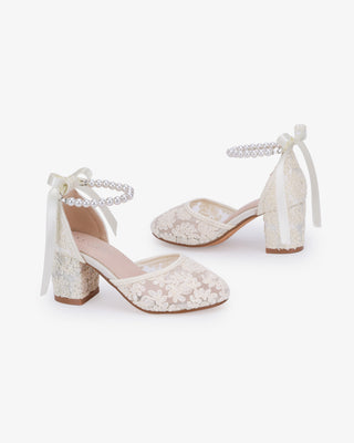 Ivory embroidered lace block heel girls shoes with All Pearl Strap