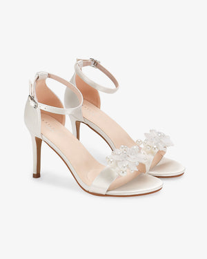 Satin High Heel Wedding Sandals with Frosted Bloom Applique
