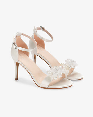 Ivory Satin High Heel Wedding Sandals with Frosted Bloom Applique