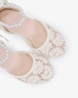 Ivory embroidered lace block heel girls shoes with All Pearl Strap