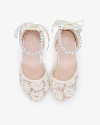 Ivory embroidered lace block heel girls shoes with All Pearl Strap