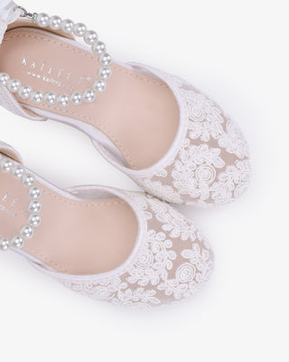 White embroidered lace block heel girls shoes with All Pearl Strap