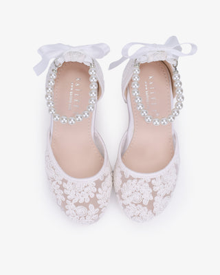 White embroidered lace block heel girls shoes with All Pearl Strap