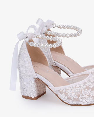 White embroidered lace block heel girls shoes with All Pearl Strap