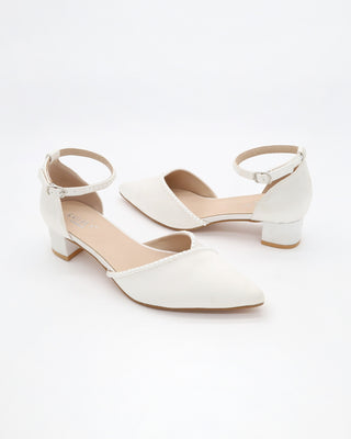 Satin Pointy Toe Low Block Heels Wedding Shoes with Mini Pearls