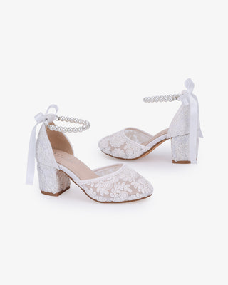 White embroidered lace block heel girls shoes with All Pearl Strap