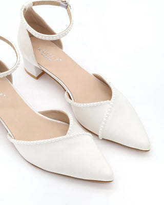 Satin Pointy Toe Low Block Heels Wedding Shoes with Mini Pearls