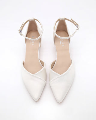 Satin Pointy Toe Low Block Heels Wedding Shoes with Mini Pearls