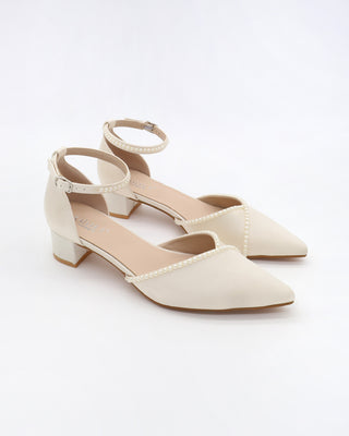 Satin Pointy Toe Low Block Heels Wedding Shoes with Mini Pearls