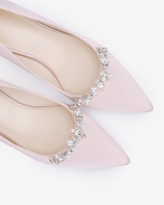 Dusty Pink satin pointy toe pumps with Moonlight Pearls embellishment