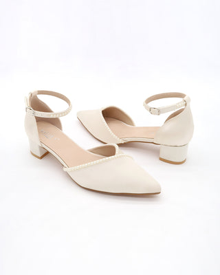 Satin Pointy Toe Low Block Heels Wedding Shoes with Mini Pearls