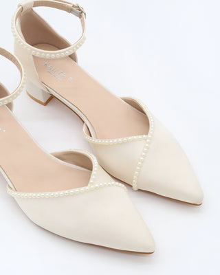 Satin Pointy Toe Low Block Heels Wedding Shoes with Mini Pearls