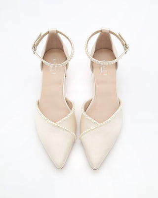 Satin Pointy Toe Low Block Heels Wedding Shoes with Mini Pearls