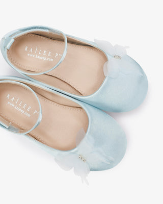 Light Blue Satin Flower Girls Ballet Flats with Butterfly Kiss
