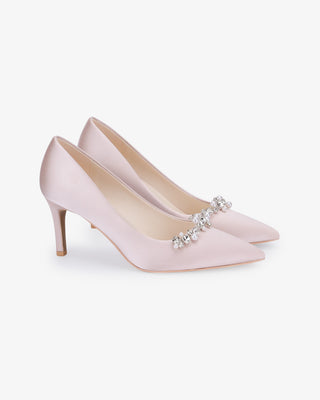 Dusty Pink satin pointy toe pumps with Moonlight Pearls embellishment