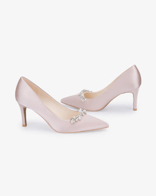 Dusty Pink satin pointy toe pumps with Moonlight Pearls embellishment