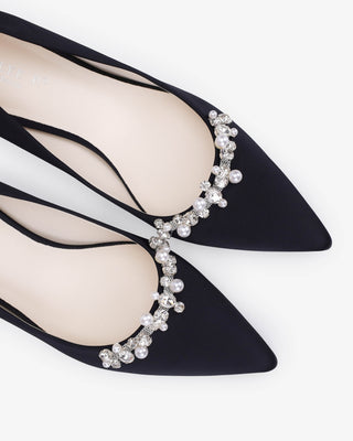 Black satin pointy toe kitten heel pumps with Moonlight Pearls embellishment